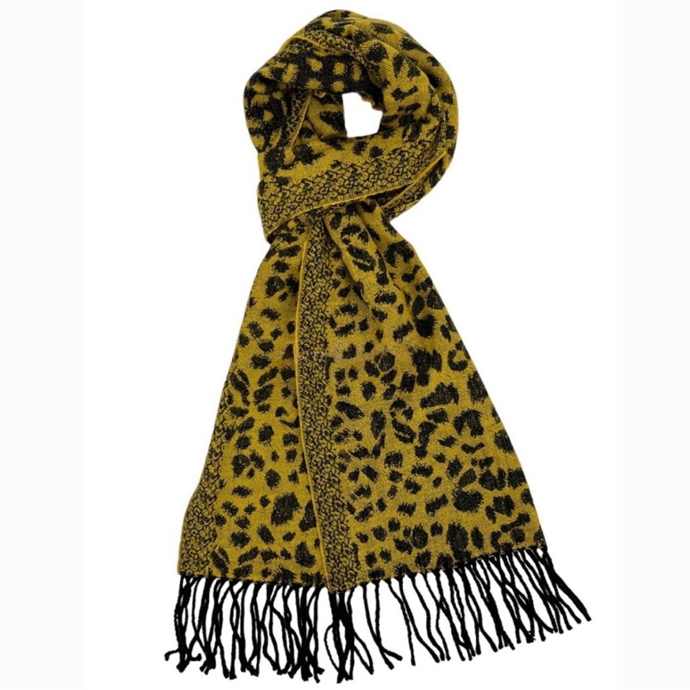 Cashmere Feel Leopard Print Pashmina Style Scarf Gold Black